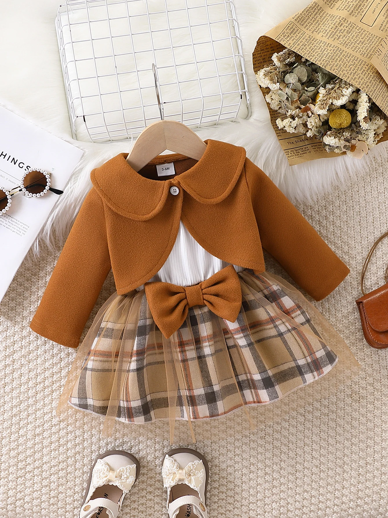 Baby Girl Plaid Tulle Skirt Dress & Cropped Jacket Set 1