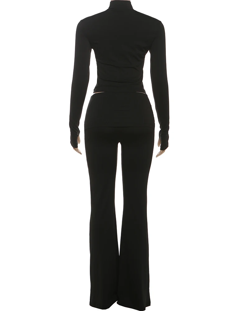 nibber Casual 2-Piece Set Women Turtleneck Single-breasted hidden buttons crop tops+Elastic waist Flared pants sporty suits