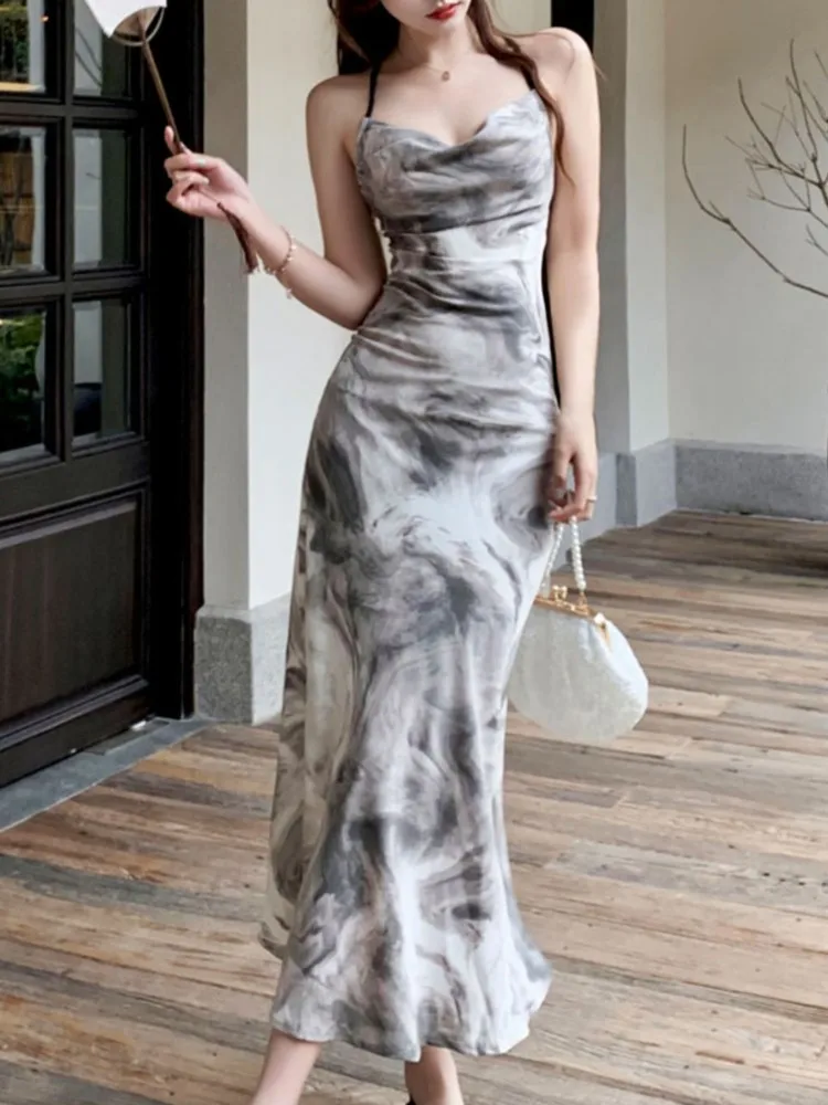 

Женское летнее облегающее Повседневное платье с принтом, облегающее элегантное шикарное платье без рукавов с лямкой на шее, женское пляжное праздничное платье, Новинка