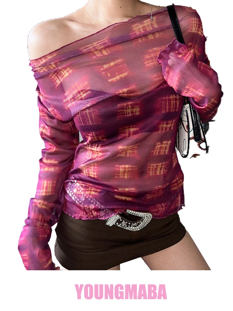 

Винтажные Топы Y2k, футболка с длинным рукавом для женщин, гранж, Прозрачная Футболка, сетчатая Прозрачная Тонкая футболка с открытыми плечами для девушек, защита от солнца