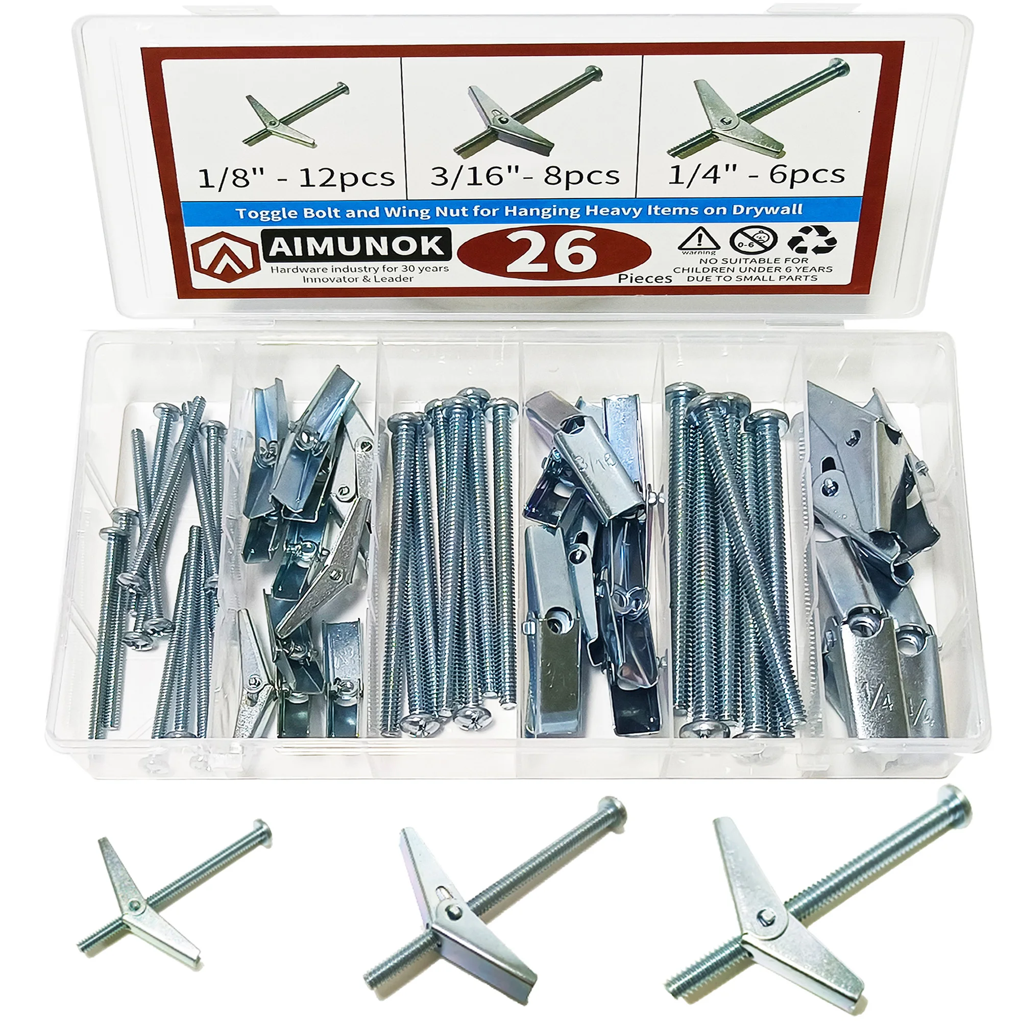 Assorted 26 Pcs Toggle Bolt and Wing Nut Kit for Hanging Heavy Items on Drywall-1/8 Inch 3/16Inch 1/4Inch drywall anchor kit drywall anchor expansion bolt set