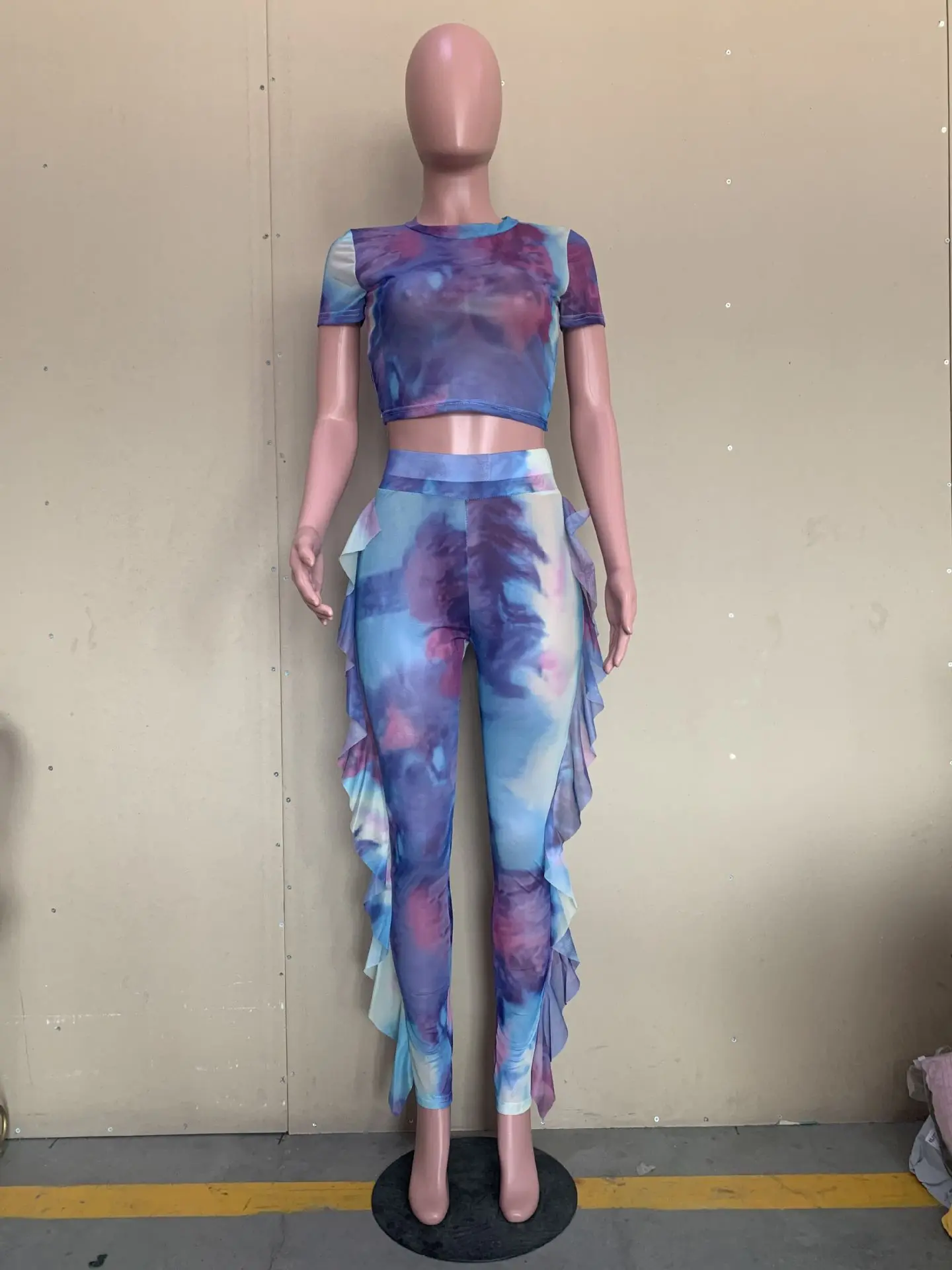 M-6118 European and American Tie Dyed Printed Mushroom Edge Sexy Nightclub Dress