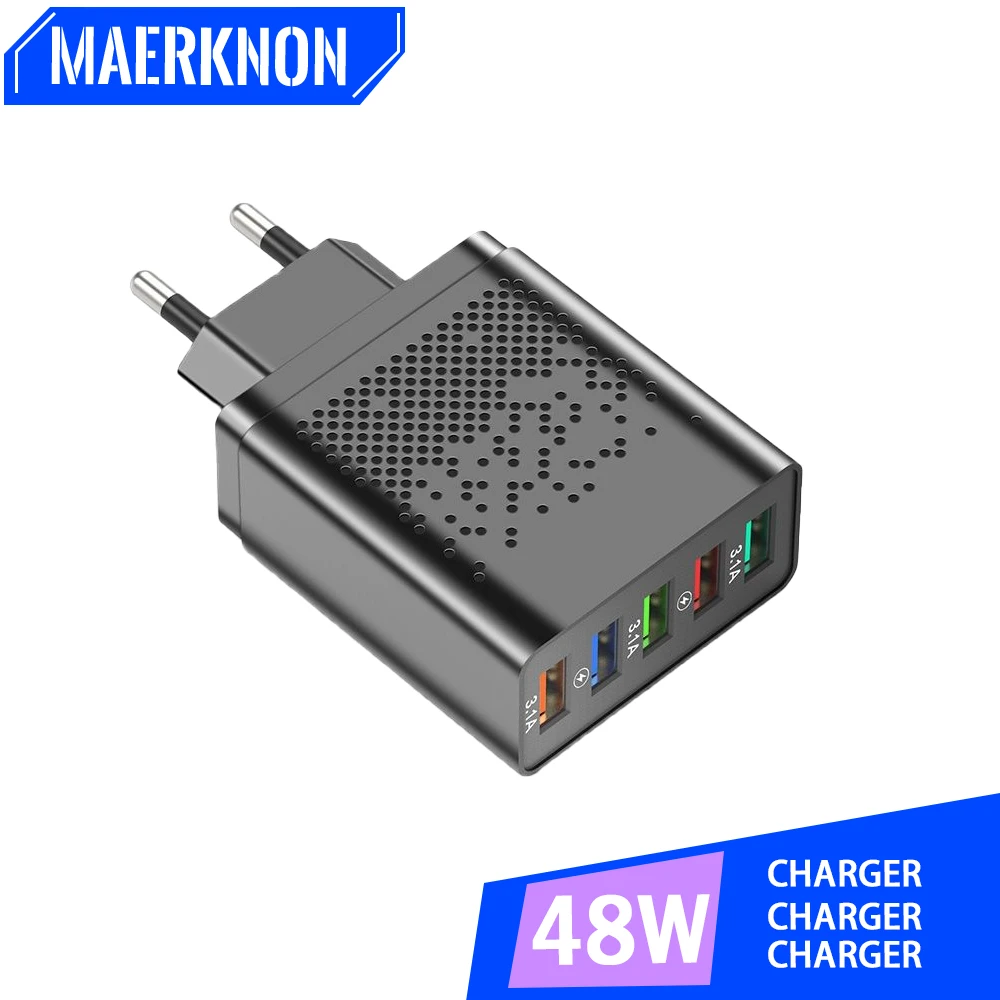 

48W 5 Ports USB Charger Fast Charging Mobile Phone Adapter Quick Charge 3.0 Portable Charger For iPhone 14 13 12 Samsung Huawei