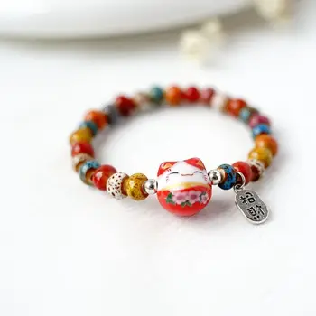Cute Lucky Cat Bracelet For Girls Adjustable Colorful Beaded Bracelets Harajuku Ceramics Cat Pendant Charm Bracelets Jewelry 1