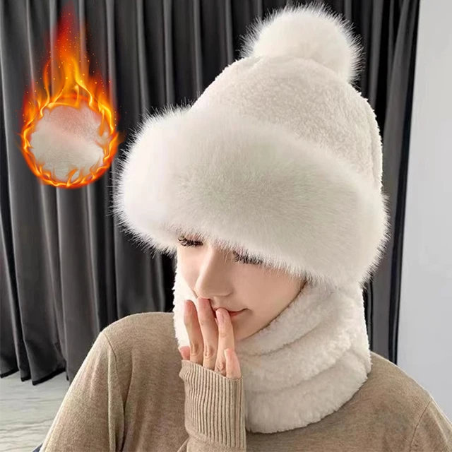 2024 Winter Scarf Hat Set Hooded for Women Plush Neck Warm Russia Caps Outdoor Ski Windproof Hat Thick Plush Fluffy Beanies 2