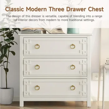 Farmhouse 3-Drawer Dresser, Fully-Assembled French Country Chest of Drawers , Rustic Dresser for Bedroom, Living Room, White 3