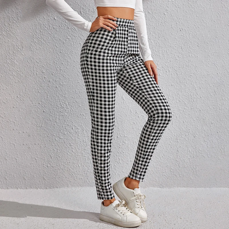 Vintage Plaid Pencil Pants Korean Fashion Women Black White High Waist Slim Ladies Elegant Workwear Trousers pantalones mujer icclek women s blazers pants suits blue jackets set 2 piece with belt trousers green office ladies workwear outfit female spring