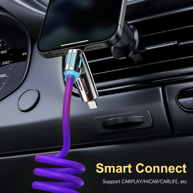 4 in 1 65W 스프링 데이터 케이블 USB C타입 스프링 텔레스코픽 고속 충전기 차량용 휴대폰 케이블, 카플레이 및 하이카 지원 (휴대폰/태블릿용)