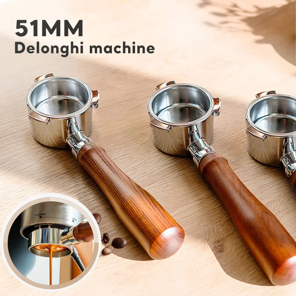 51mm Bottomless Portafilter For DeLonghi EC685. BK EC680 304 Stainless Steel Filter Basket Wooden Handle Coffee Accessories