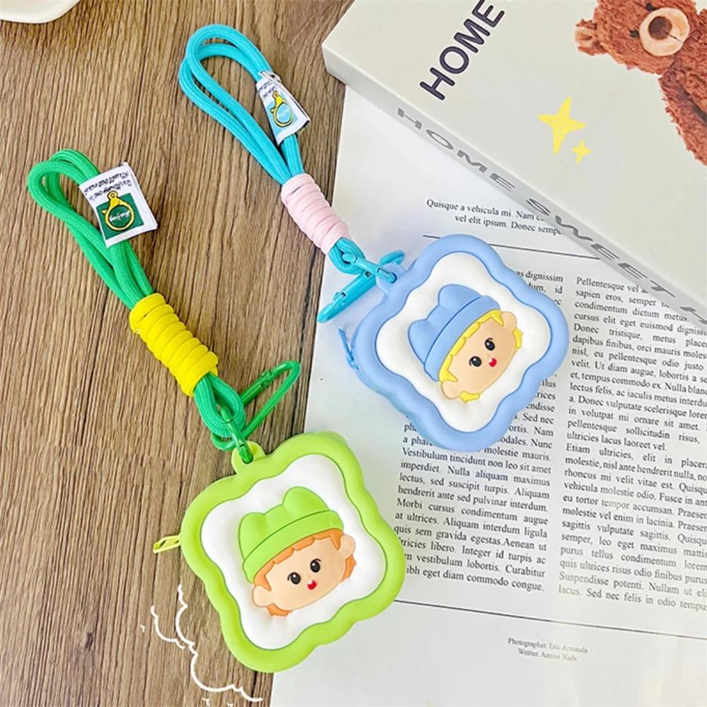 Square Silicone Coin Purse Children's Mini Card Holder Zipper Money Bag Headphone Storage Bags Keychain Braided Wristband Wallet