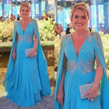 Abiti da sposa eleganti blu personalizzati per la madre, mantella con scollo a V, abito da ospite di nozze, abiti da sera lunghi fino al pavimento con applicazioni di perline