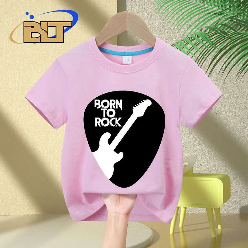 Guitar Born To Rock Printed Kids T-Shirt Summer Children's Cotton Short-Sleeved Casual Tops Boys and Girls Gifts 2