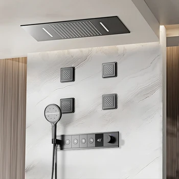 ระบบฝักบัวแบบเทอร์โมสแตติกพร้อมจอแสดงผลดิจิตอล LED ติดเพดาน พร้อมก๊อกผสมน้ำร้อนน้ำเย็นแบบฝังในผนังสไตล์น้ำตกทำจากทองเหลือง 2