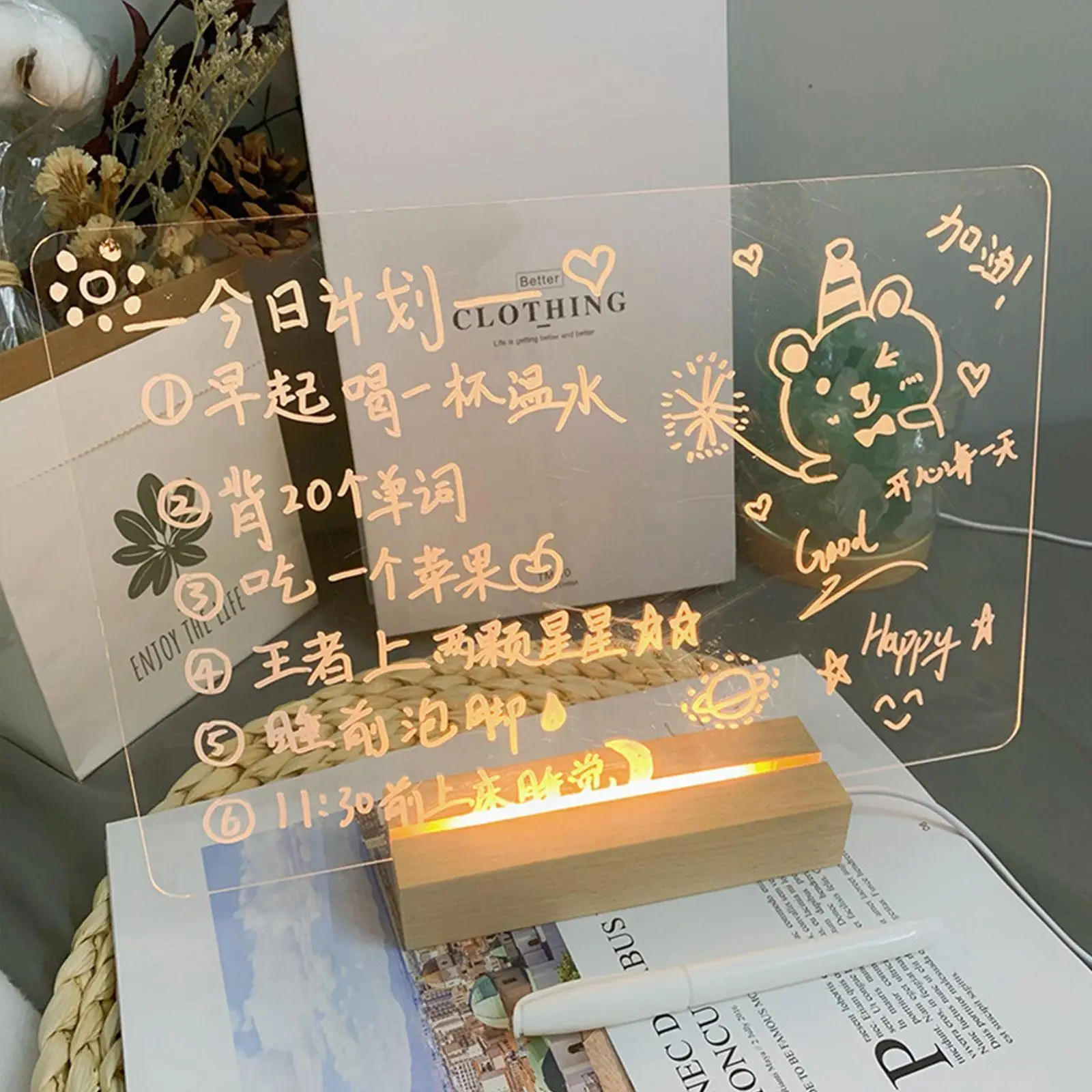 노트 메시지 보드 야간 조명 글쓰기 글로우 메모 아크릴 보드 장식 룸 사진 Led 홀더 순간 매일 나무 조명 선물 L G8G8