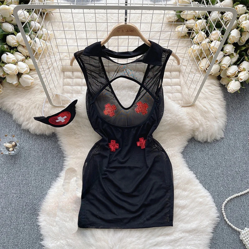 Sexy Lace Gauze Patchwork Strap Bodysuit Hollow Sleeveless Slim backless Women Erotic Lingerie Hotsweet Bow Night Maid Cosplay