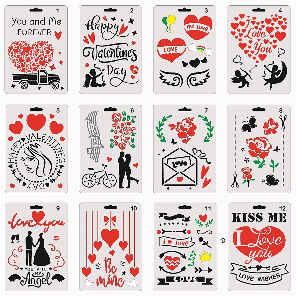 

12PCS Valentine's Day Hollow Formwork Love Flower Hand Account Drawing Ruler DIY Spray Painting Template Home Decor Crafts