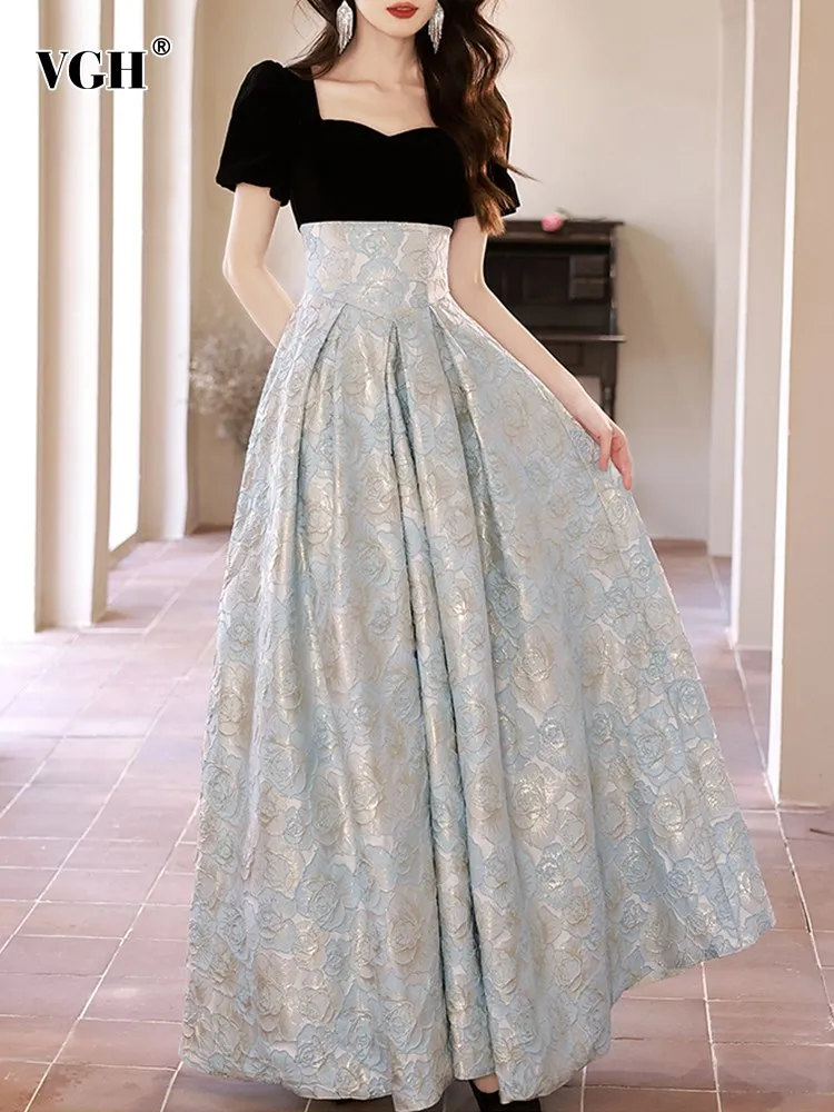 

VGH hit color elegant formal dress for women square collar short sleeve high waist temperament dresses female fashion clothes