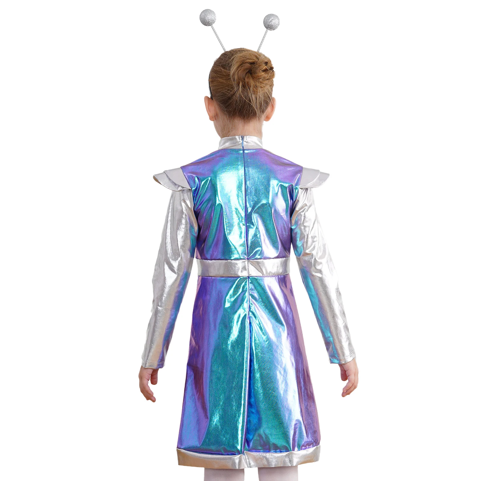 Kids Girls Alien Robot Astronaut Costume Long Sleeve Shiny Metallic Halloween Cosplay Fancy Dress with Hair Hoop Outfits