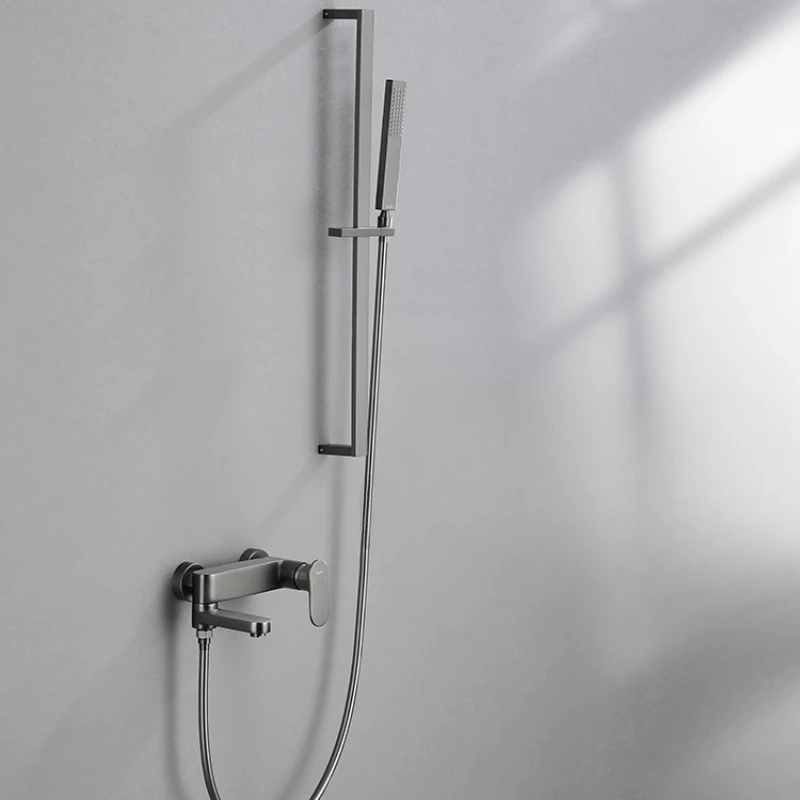 Light luxury gun gray simple shower set wall-mounted hot and cold bathroom shower with copper bathtub faucet