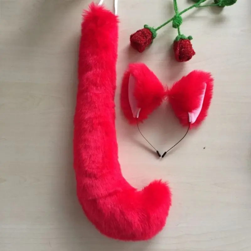 Adult Kids Anime Solid Color Plush for CAT Wolf Cosplay Props Animal Ears Bandana Long Tail Halloween Costume
