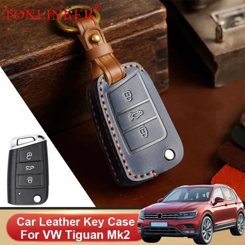 Car Dedicated Leather Key Case For Volkswagen Tiguan L PHEV 5N R Line Mk2 2017-2019 Holder Shell Remote Cover Keychain Accessori