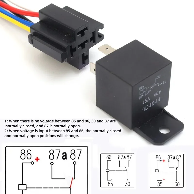 Automotive Relay 12V/24V 5Pin 40A Car Relay with Black Red Copper Terminal Auto Relay Socket SPDT Harness Cable JD1914
