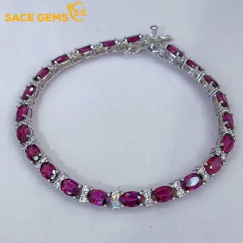 

SACEGEMS New Arrival 925 Sterling Silver 4*6MM Natual Garnet Gemstone Bracelrts for Women Engagement Cocktail Party Fine Jewelry