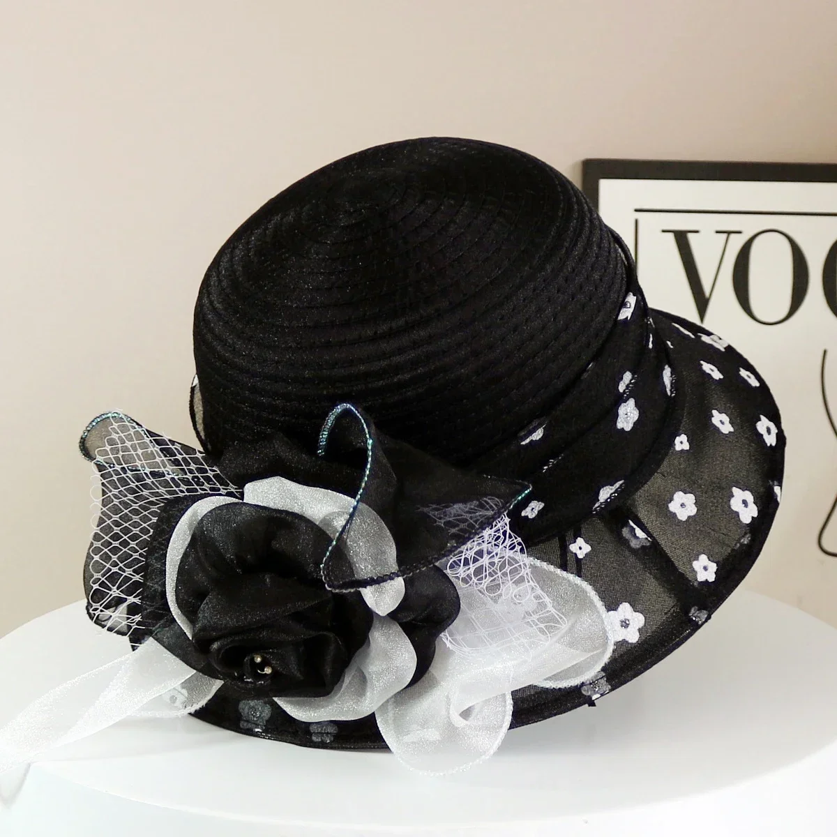 Fashion Hat Women Top Hat Elegant Organza Flower Wide Brim Sun Hat for Women Retro Style Party Banquet Accessory Foldable Beach - 2