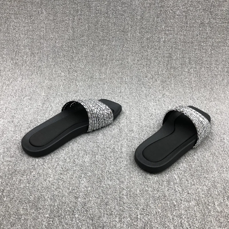2023 Summer Fashion New Sexy Casual Outerwear Solid Color Crystal Flat Slippers Comfortable Sandals Zapatos Mujer — view 4