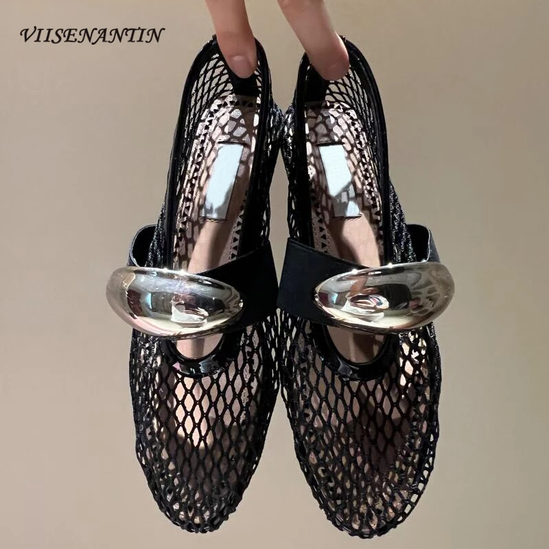 

New Ballet Flat Shoes Women Mesh Hollow Out Mary Jane Shoes Metal Decoration Elastic Band Real Leather Loafers Women Mules Shoes