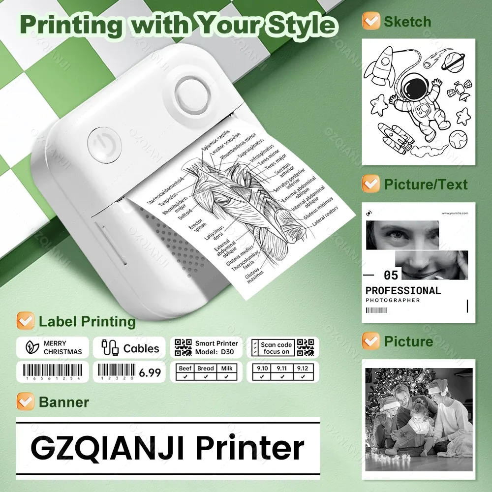 GZQIANJI D3 Portable PrinterThermal Paper Stickers Paper Mini Printers Labels Maker Printer for Error Printing Photo Printing