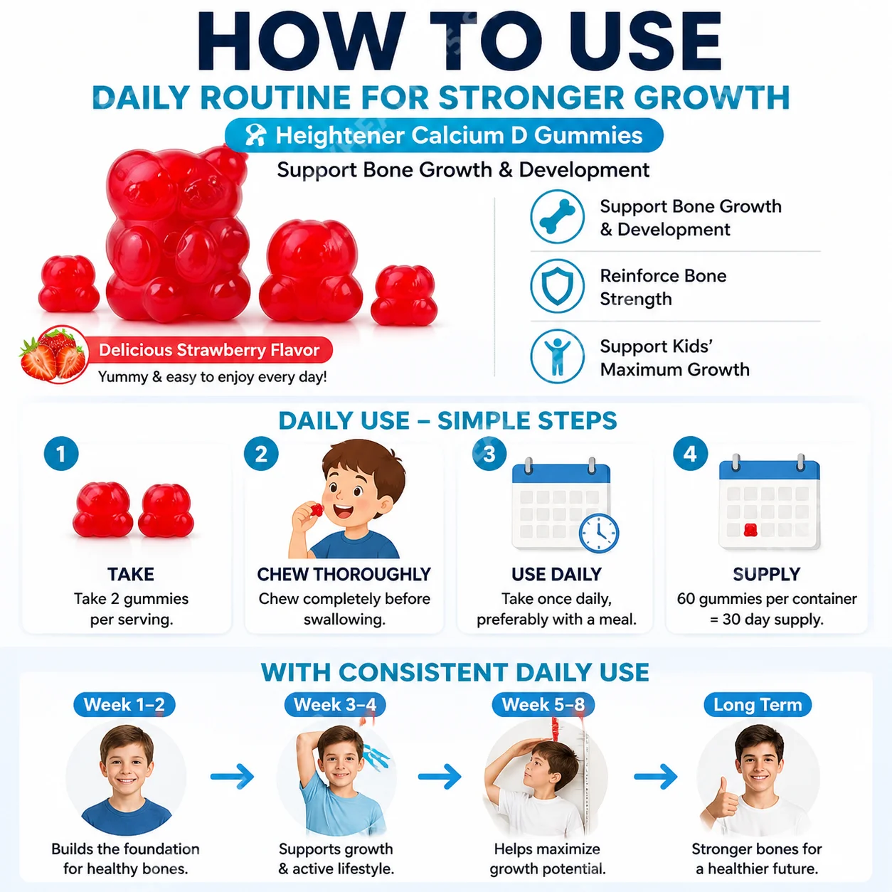 Heightener Calcium D Gummies Boost Bone Growth Reinforce Bone Strength Magnesium Zinc Growth Formula for Kids & Adults, 60 Count