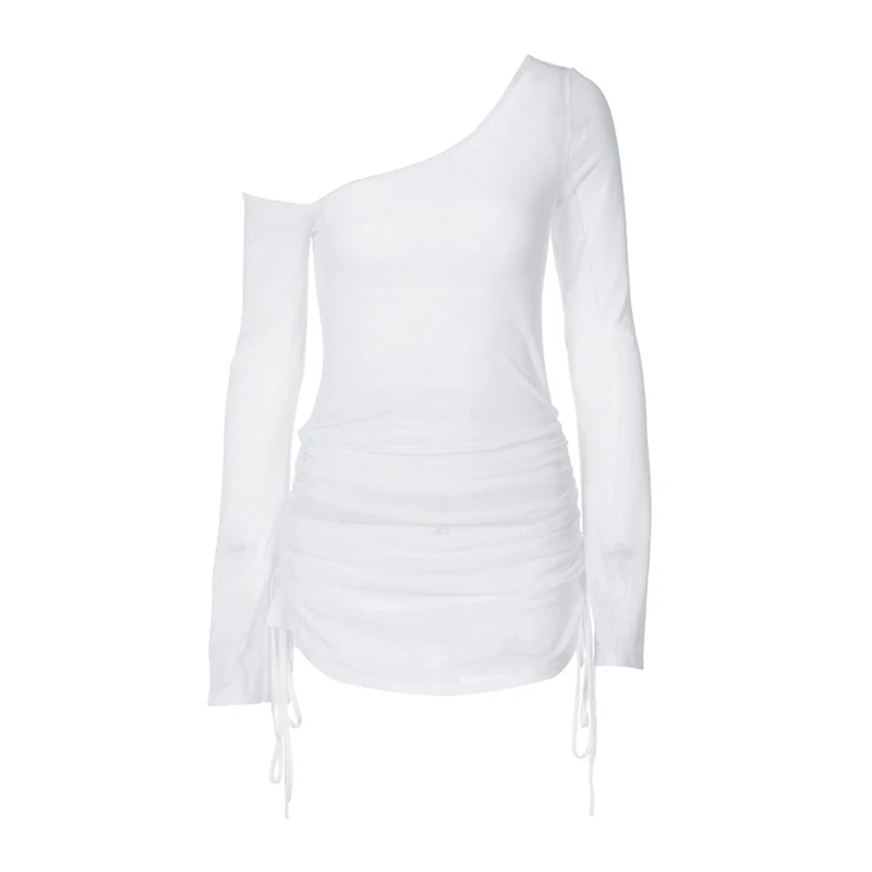 y2k Off Shoulder Dress 2000s Women Sheer Drawstring Ruched Long Sleeve Mini Dress Vacation Party Dresses Beach Cover Up