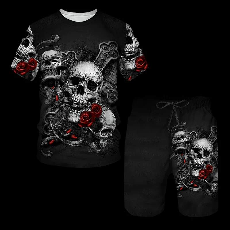 Punk Skull 3D Printed Oversize T-shirt/Shorts/Sets Men's Sportswear Tracksuit Gothic Graphic Tee Tops Summer Men's Clothing Suit