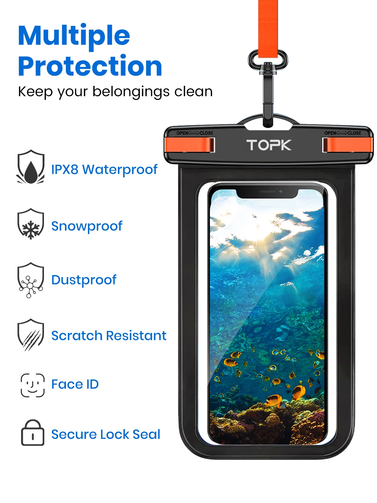 Topk E01 Waterdichte Telefoon Pouch, Universele Ipx8 Waterdichte Telefoon Case Droge Tas Met Lanyard Voor Iphone Samsung Tot 7.0 Inch