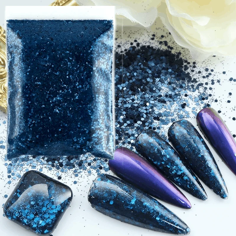 50g Emerald Dark Green Chunky Nail Glitter Mix Hexagon Ink-blue Bulk Fine Powder Decoration Accessories for Nail Polish Supplies Nail Glitter Nail Decoration Nail Decorations