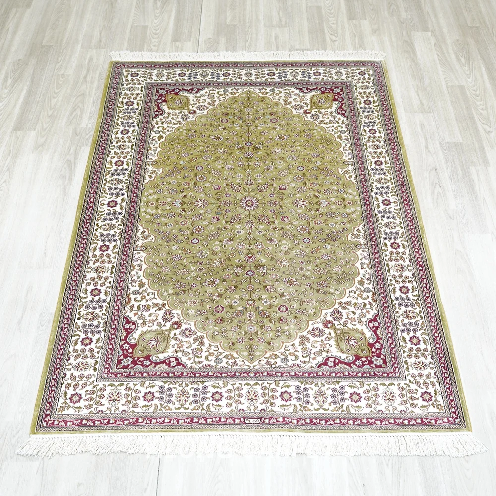 122x183cm Silk Carpets Medallion Handmade Exquisite Turquoise Persian Rug (HF310B) - Image 2