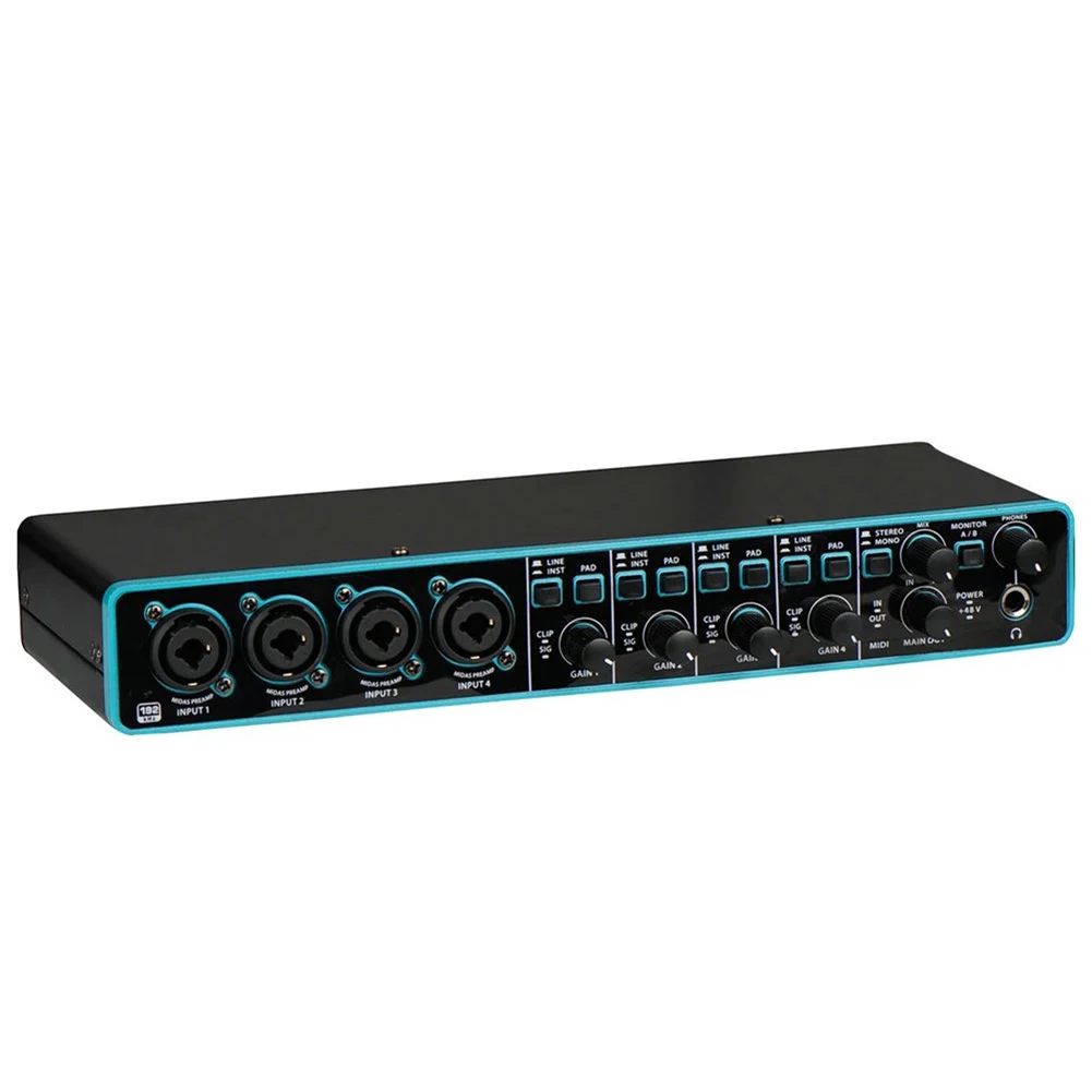 내장 마이크 프리앰프가 있는 USB 오디오 인터페이스, 스튜디오 녹음용, 4x4 입력 출력, 컴팩트 휴대용, 블랙