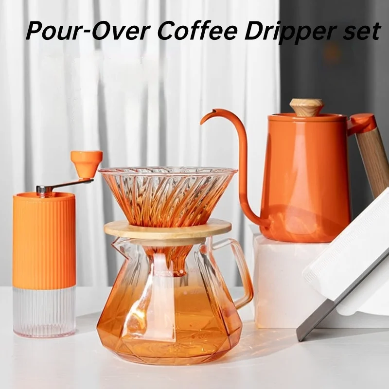

Pour-over Coffee Maker SetCoffee Set Coffee Accessories Manual Grinder Mill Glass Pot with Filter Dripper Gooseneck Kettle