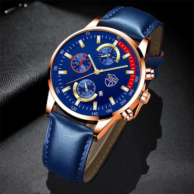 2022 Men's Watches Fashion Luxury Blue Leather Quartz Watch for Men Brand Business Calendar Sports Casual Clock часы мужские смарт часы rungo k1 blue rngk1bl