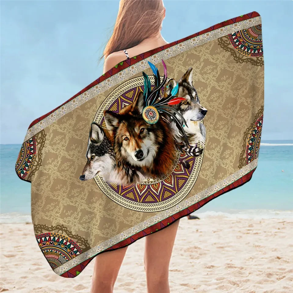 

Boho Wolf Beach Towel Quick Dry Feather Dream Catcher Print Bath Towel Exotic Ethnic Style Towels for Swim Travel Sport Spa Gym