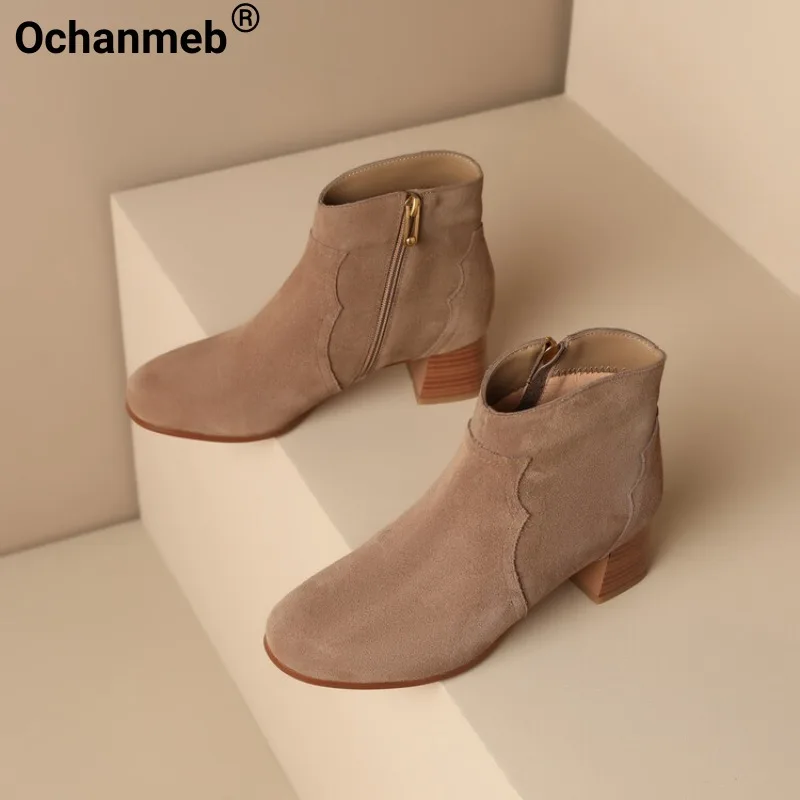 

Ochanmeb Women Cow Suede Boots Square Heel Zipper Ankle Boots 2024 Autumn Winter Round Toe Elegant Woman Nude Shoes Plus Size 43