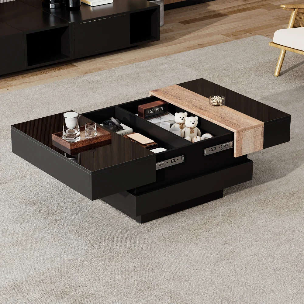 Moderner, hochglänzender, quadratischer Couchtisch, 70 x 70 x 39 cm, ausziehbares Design mit versteckter Stauraum, Farbblock-Wohnzimmer-Beistelltisch – Detail 4
