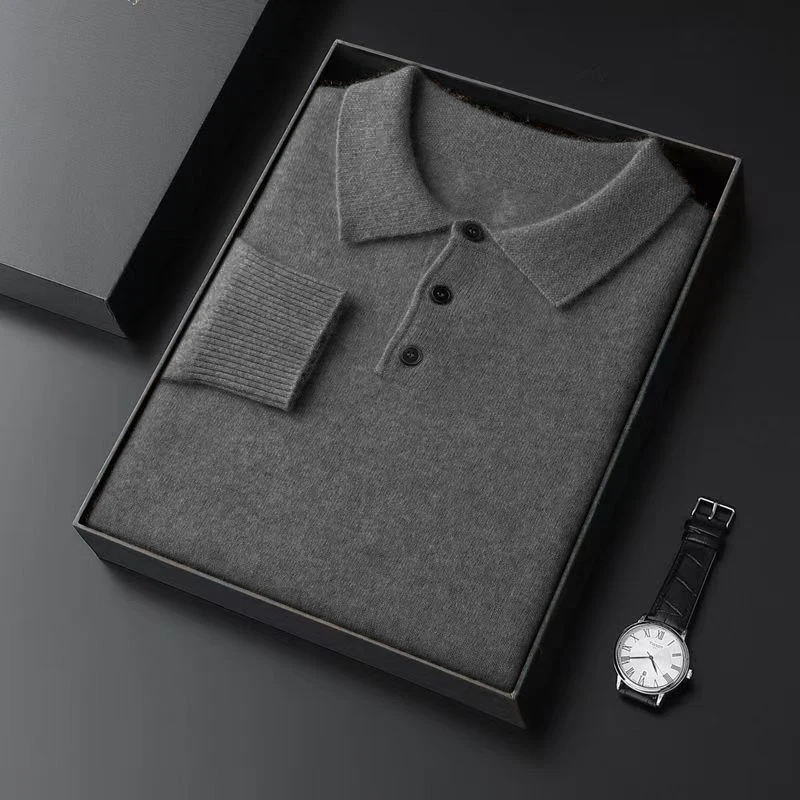 Autumn Mens Knit  Polo Shirts Lapel Fit Button Pullover Sweaters HeavyWeight Knit Polo Sweaters Outdoor Warm Solid Jumper