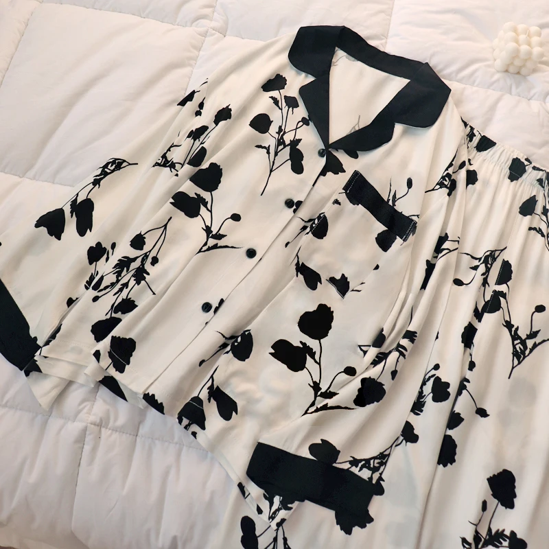 Summer Silk Ice Silk Women's Pajamas Long Sleeve Set Household Set Thin cardigan Small lapel Oil Painting Sweet Casual Silk