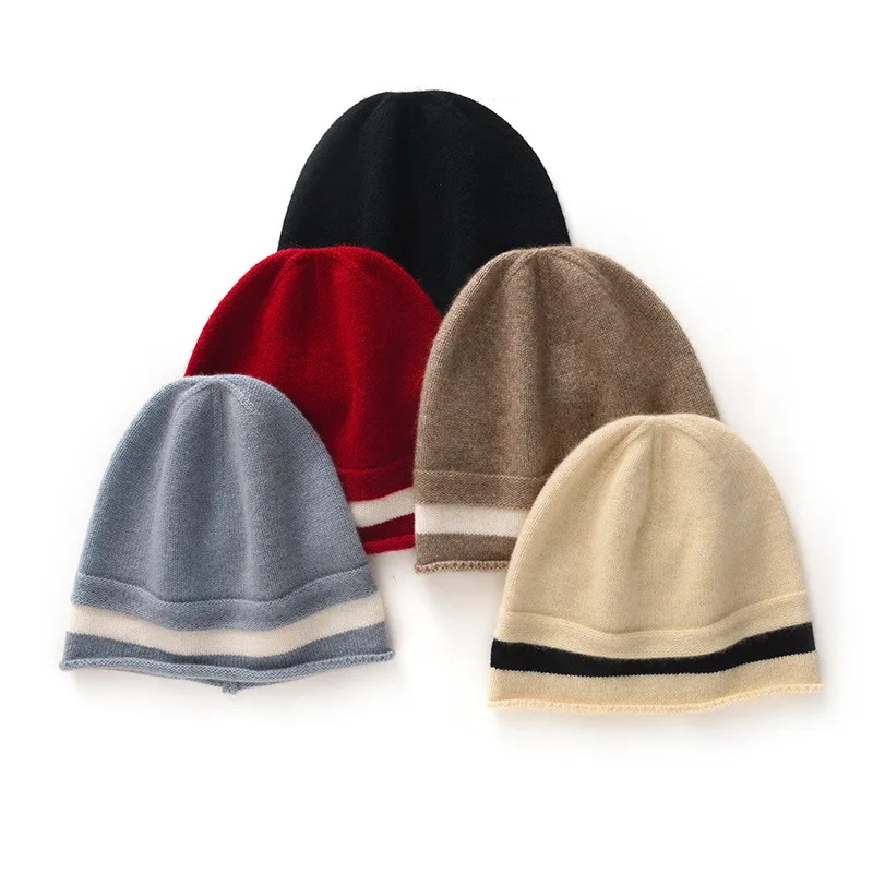 Women Hats 2025 Winter New 100% Pure Goat Cashmere Knitted Headgears Soft Warm Hat Fashion Thick Girl Cap High Quality Lady Cap