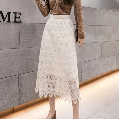 Lace Skirts Womens Korean Fashion Solid Color Elastic High Waist Ladies Skirt Hollow Out 2021Spring Wild Slim Midi Skirts Female crop top and skirt Skirts