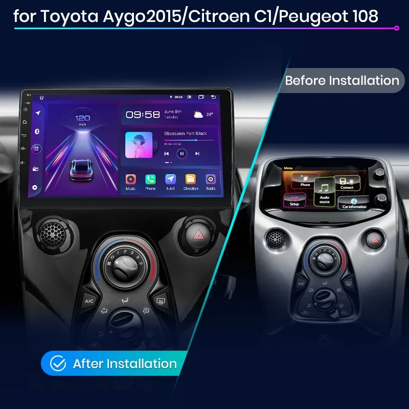 Radio para coche Junsun con Android Auto para Peugeot 108, Citroen C1, Toyota Aygo Mk2 2014 2015-2021, sistema multimedia inalámbrico Apple CarPlay, sistemas inteligentes, pantalla táctil IPS, reproductor de vídeo estéreo, 2 Din, autorradio, unidad principal, navegación, BT, GPS, 4G, WIFI, FM, AM, DSP, RDS, SWC 2