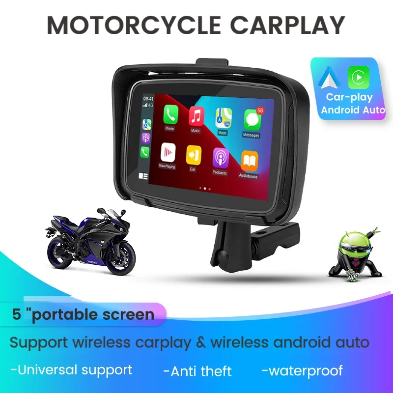 Motorcycle Navigation Display Screen Multimedia Player 5 Inch For Wireless Carplay Android Auto Portable Motorbike Ipx7 Waterproof Gps Bt