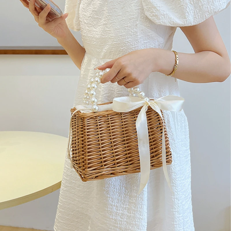 Летняя плетеная искусственная солома из ротанга, пляжная сумка на шнурке, Женская корзина, праздничная Сумка-тоут